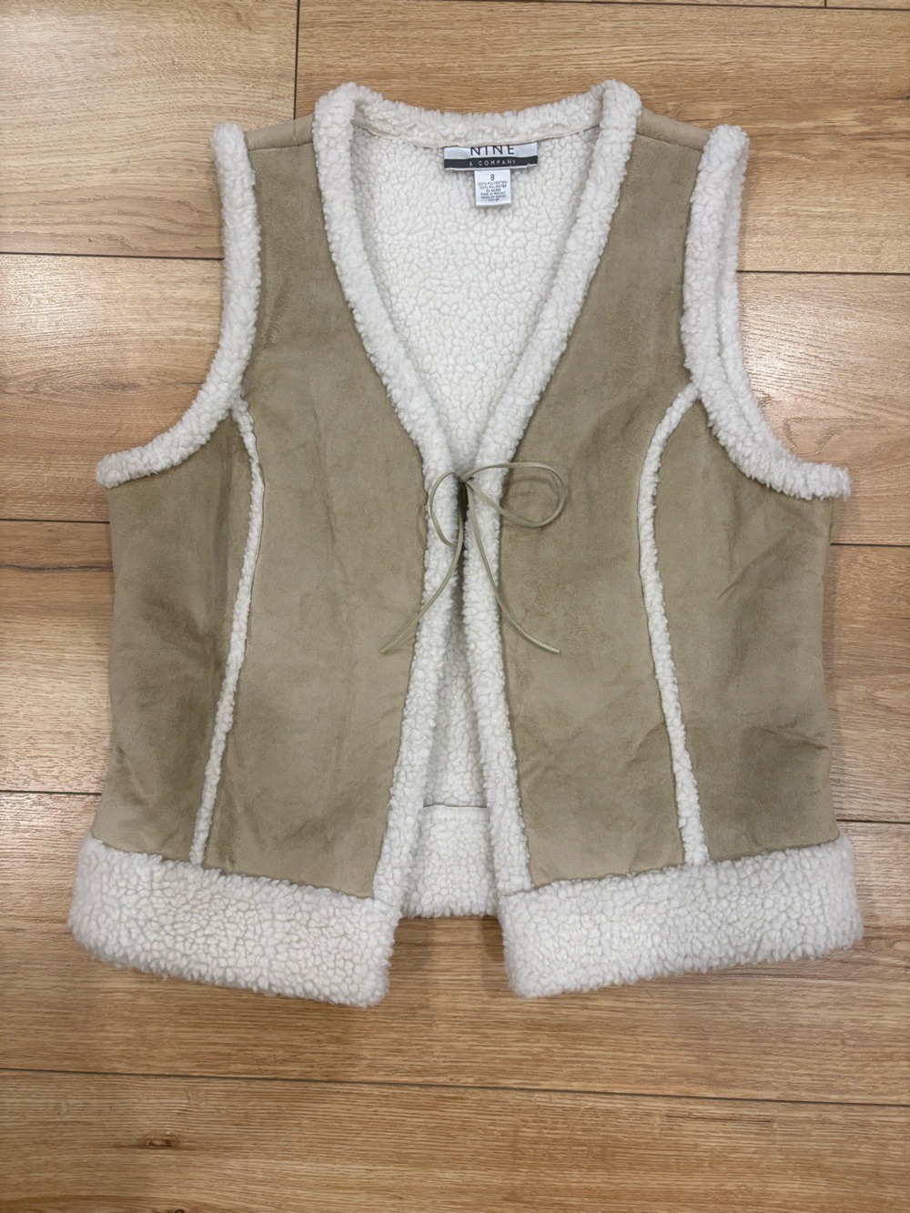 Nine & Co. Taupe Faux Suede Sherpa Vest with Cream Trim